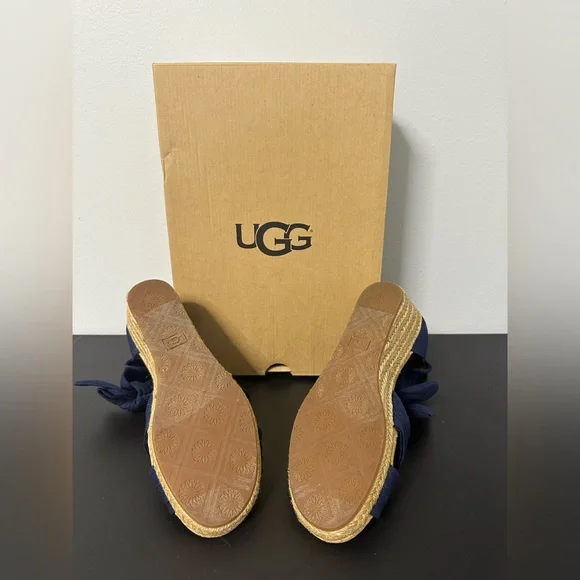 UGG NWT Navy  Blue Wedge Sandals with Ankle Bow - Picture 5 of 6